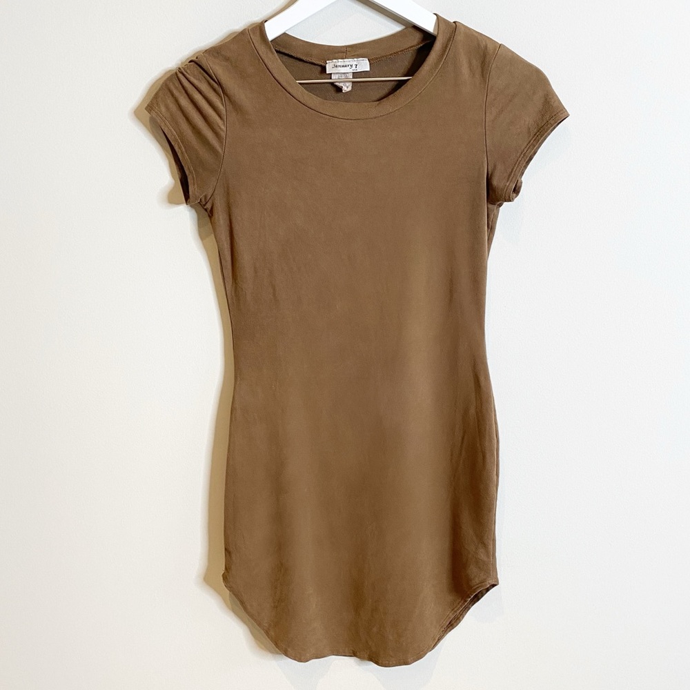 Brown Faux Suede Tight T Shirt Dress